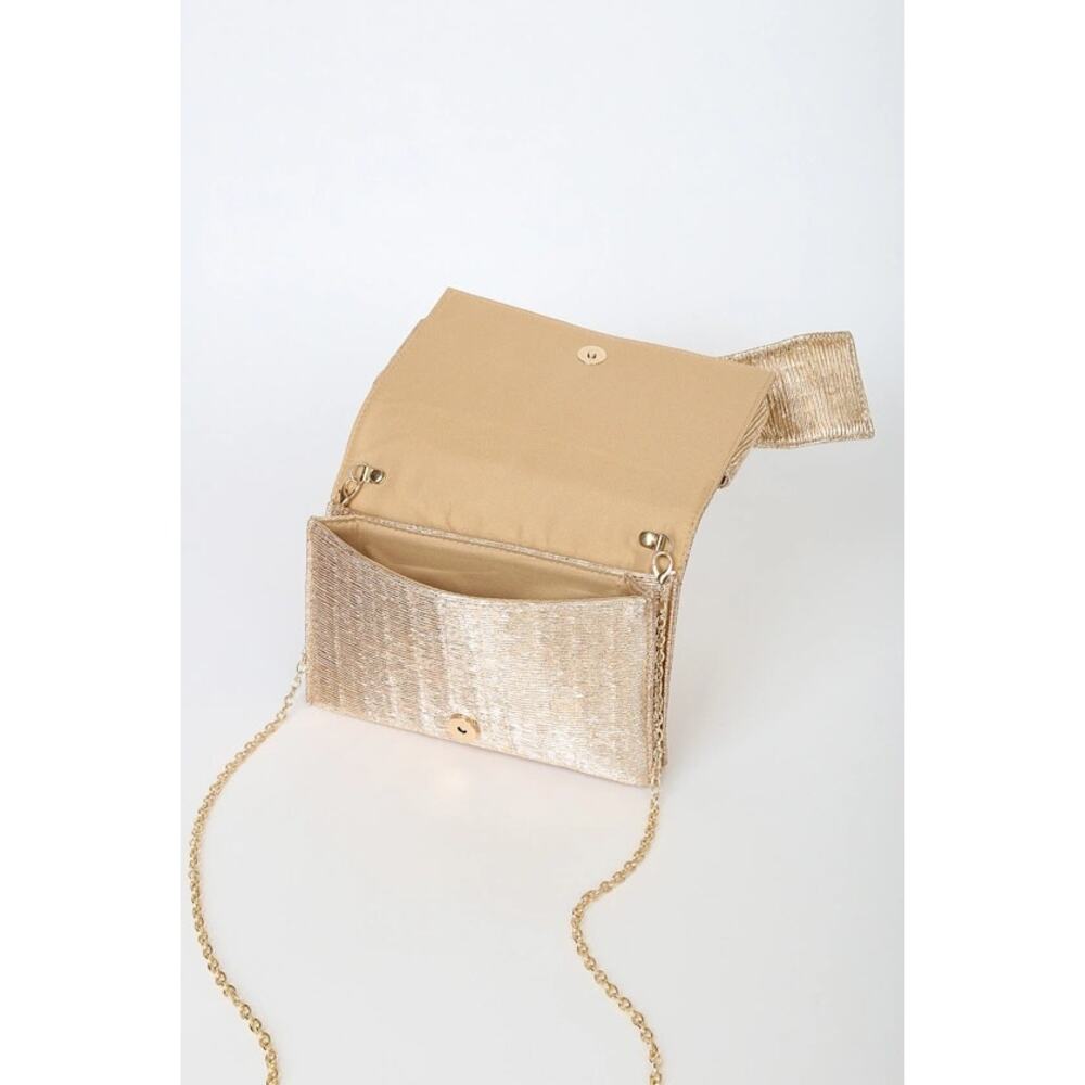NWT Lulus Perfect Retreat Bronze Woven Bow Clutch Bag w/Chain - Picture 3 of 4